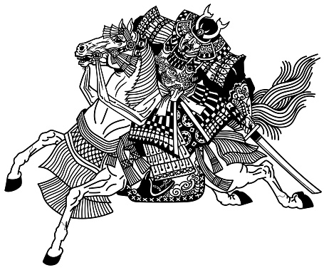 Asian cavalry warrior. Japanese Samurai horseman sitting on horseback, wearing medieval leather armor. Medieval East Asia soldier riding a pony horse in the gallop. Side view. Black and White vector illustration in graphic style