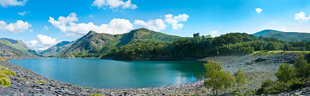 A landscape panorama of Llyn Padran in Llanberis stock photo