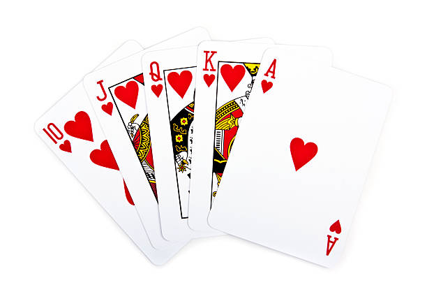 Royal flush with hearts on white background Royal flush of red heart on isolated hand of cards stock pictures, royalty-free photos & images