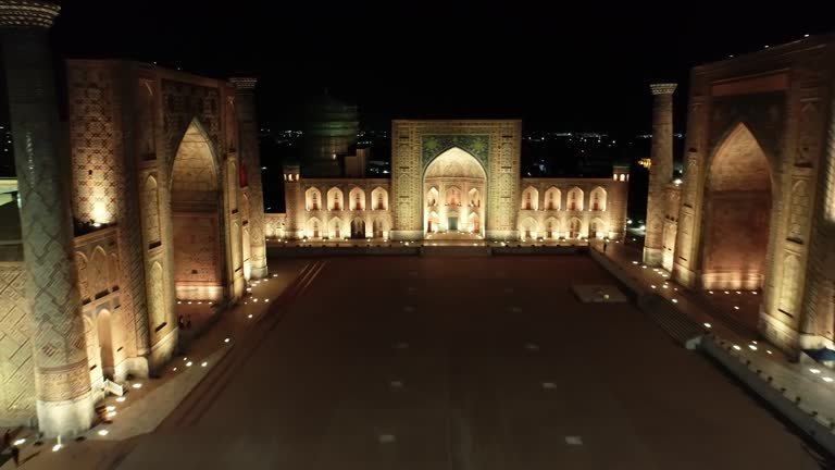 Drone panorama of the illuminated Registan complex at night, Samarkand, Uzbekistan