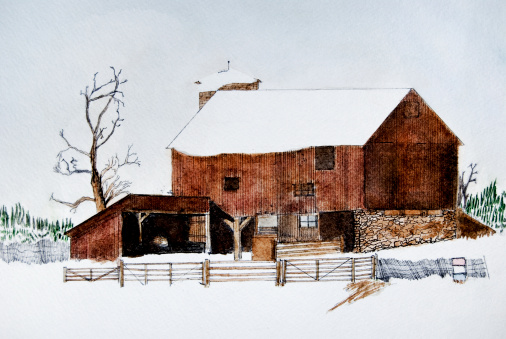 Watercolor painting of old barn in winter.