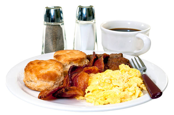 большая страна завтрак изолированные - fork plate isolated scrambled eggs стоковые фото и изображения