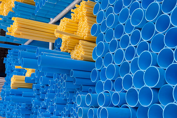 Blue and yellow pvc pipes for infrastructure construction in store