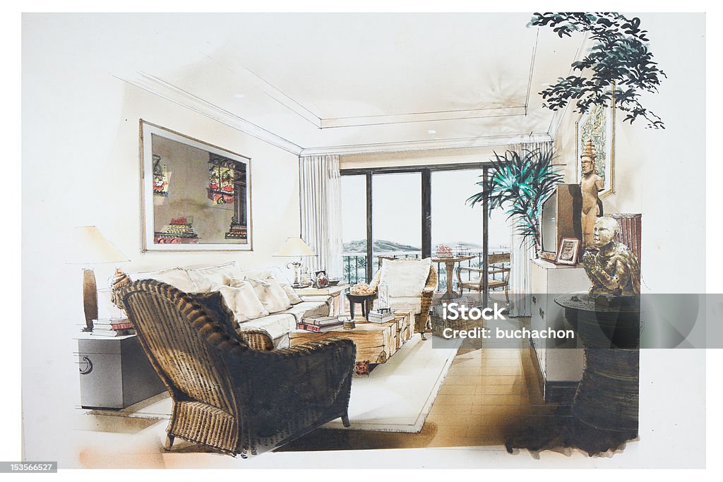 Ink hand draw and watercolor paint of living room Ink hand draw and watercolor paint of living room interior design sketch Home Showcase Interior stock illustration