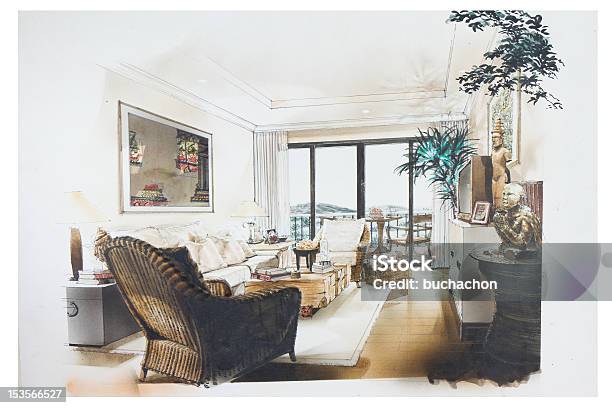 Ink Hand Draw And Watercolor Paint Of Living Room Stock Illustration - Download Image Now - Home Showcase Interior, Watercolor Painting, Domestic Room