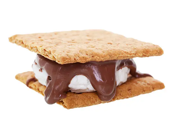 Smores:  graham wafer crackers with melted marshmallows and chocolate.   This camping favorite is prepared over an open flame and makes a great treat.