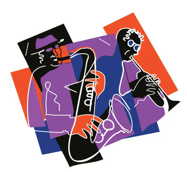 Vector illustration of Two jazzmen, Jazz theme, trumpet player and saxophonist.
