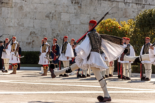 Changing of Ceremonial Elite guard Evzones near Greek parlament at Syntagma square. December 23, 2018 - Athens, Greece