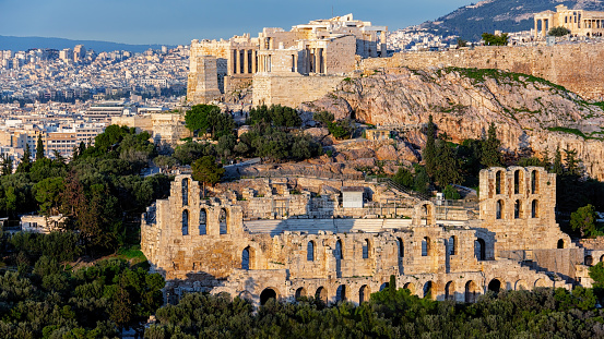 Acropolis and Odeon of Herodes Atticus. Panorama as seen from the Filopappou Hill at sunset. Athens, Greece