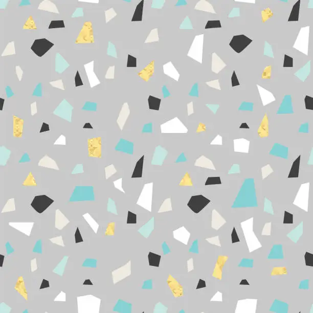 Vector illustration of Terrazzo stone seamless pattern, stone concrete pieces texture with golden, black, grey, turquoise, beige stones on grey background