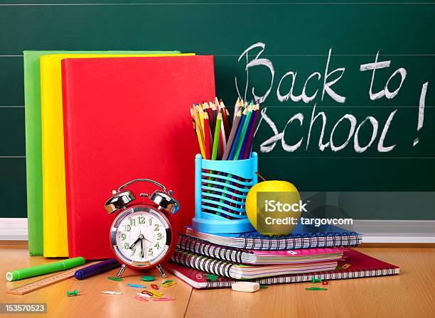 Back To School Supplies Stock Photo - Download Image Now - Alarm Clock, Apple - Fruit, Back to School