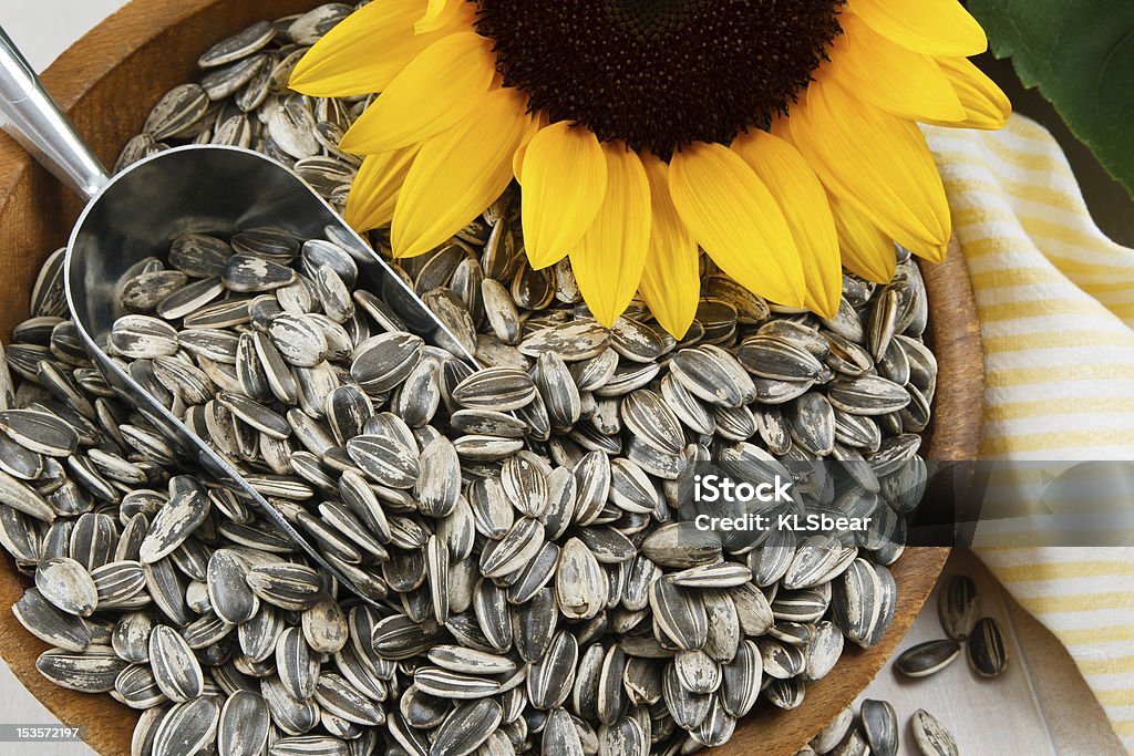 Closeup of Sunflower Seeds Nutritious sunflower seeds fill a wood bowl, accented with a metal scoop and yellow sunflower Sunflower Seed Stock Photo