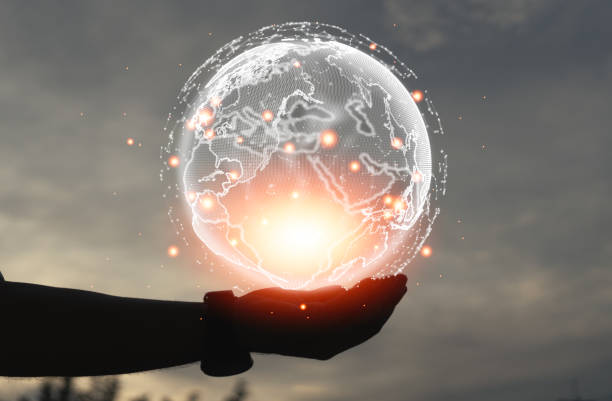 istock Man hands holding hologram, global network on a nature background. Creativity and modern concepts 1535726530