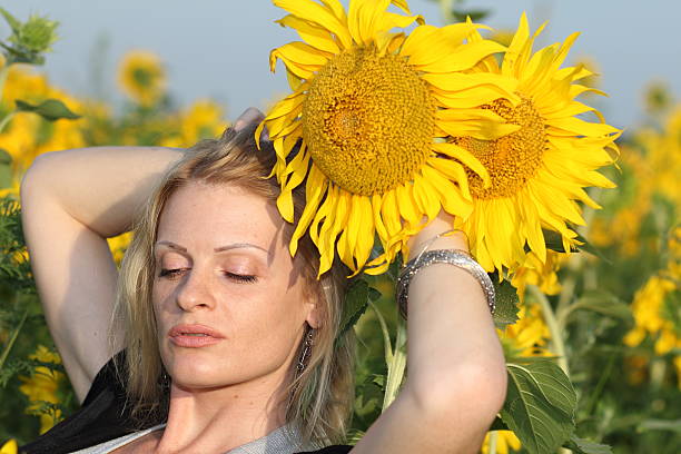 Beauty woman and sunflowers on field stock photo
