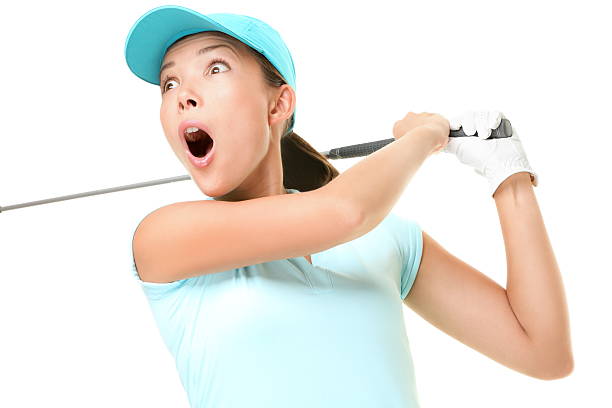골프 스윙-여자 게임하기 격리됨에 - golf women surprise playing 뉴스 사진 이미지