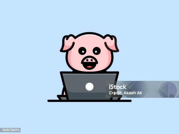 Cute Pig Using Laptop Vector Design Template Stock Illustration ...