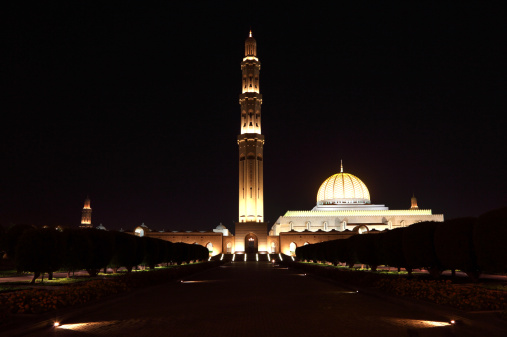 Sultan Qaboos Grand Mosque at night. Muscat, Oman