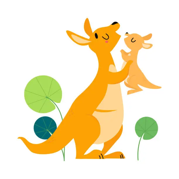 Vector illustration of Kangaroo family. Cute mom kangaroo hugging her baby cartoon vector illustration