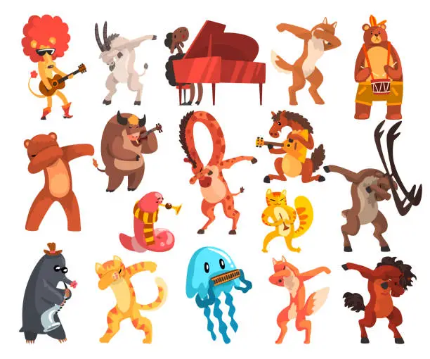 Vector illustration of Various Animals Standing in Dub Dancing Pose and Playing Musical Instrument Big Vector Set