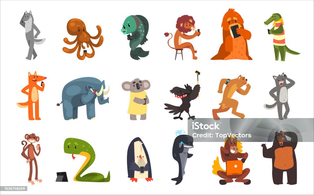Animal Computer Clips Wild Animals Using Modern Electronic Devices Set Wolf Octopus Lion ...