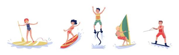 Vector illustration of People Characters Engaged in Water Summertime Sport Vector Illustration Set
