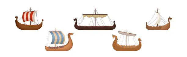 Vector illustration of Scandinavian Marine Vessels or Viking Ship with Dragon Head Vector Set
