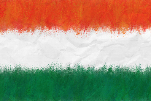 A horizontal background of three spray painted horizontal colored bands in saffron, white and green. A calm peaceful patriotic theme wallpaper. There is no people, no text and Copy space for text. These colors are in the flag of India, Niger and also of Ireland and Côte d'Ivoire (Ivory Coast) country. Can be used for national festivals, events, national teams related backdrops of these countries like Republic Day, Independence Day celebrations.