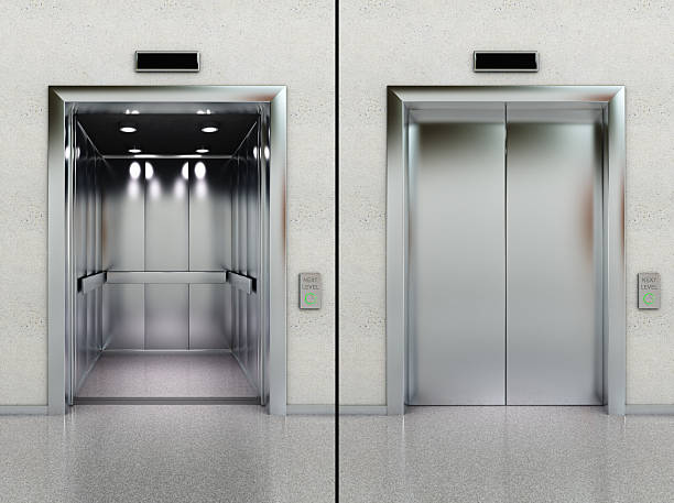 Open and closed elevator Two images of a modern elevator with opened and closed doors lift stock pictures, royalty-free photos & images