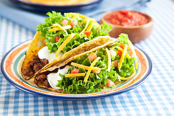 Two hard shell beef tacos on a dinner plate stock photo