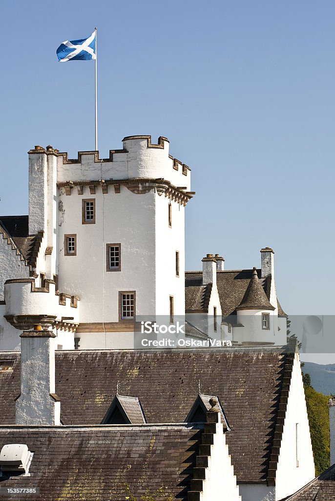 Castle with Scottisch flag Blair Castle in Perthshire, Scotland Blair Castle Stock Photo
