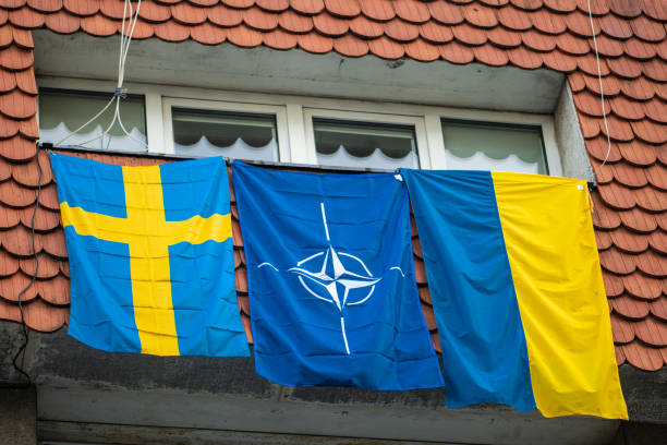 bandeiras da otan, suécia e ucrânia tremulando na janela durante cúpula da otan 2023 - bandeira da otan - fotografias e filmes do acervo