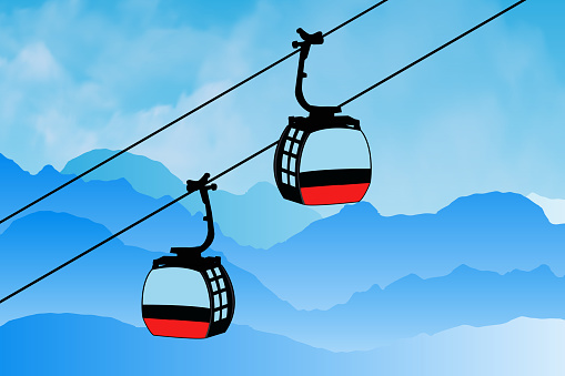 Cable cars or aerial lift on mountains landscape. Cable car vector illustration. Gondola lifts or ski cabin lift, mountain skiers and snowboarders moves in the air on a cable way.