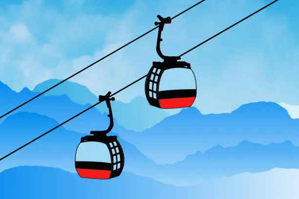 Vector illustration of Cable cars or aerial lift on mountains landscape. Cable car vector illustration. Gondola lifts or ski cabin lift, mountain skiers and snowboarders moves in the air on a cable way.