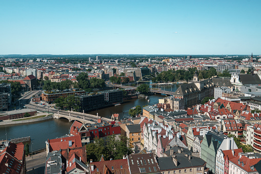 Wroclaw University and Oder river in Wroclaw. View from the observation deck on the tower of the Church of St. Elizabeth of Hungary