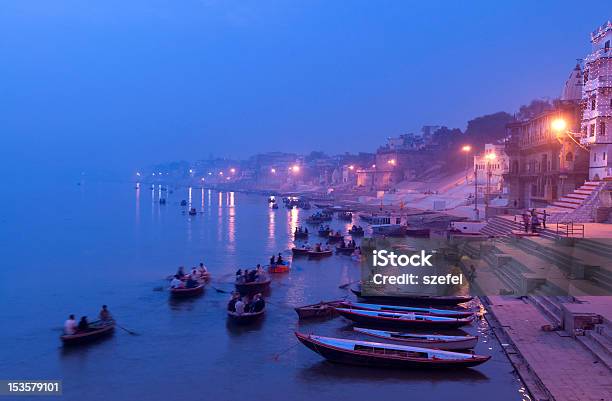 Morning On The Ganges Varanasi India Stock Photo - Download Image Now - Architecture, Blue, Built Structure