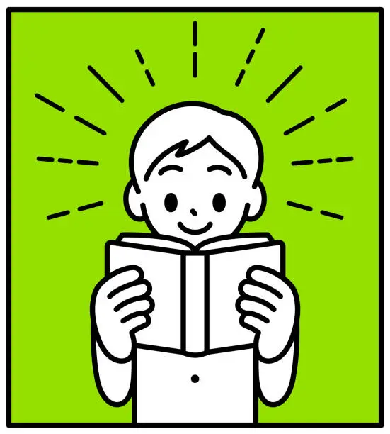 Vector illustration of A boy is happily reading a book, minimalist style, black and white outline