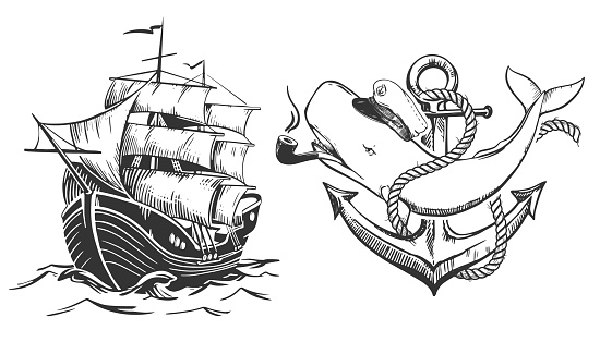 White sperm whale in a captain's cap and with a smoking pipe in his mouth. A sailboat sails on the waves with raised sails. Old school tattoo sketch. Vector illustration in engraving style.