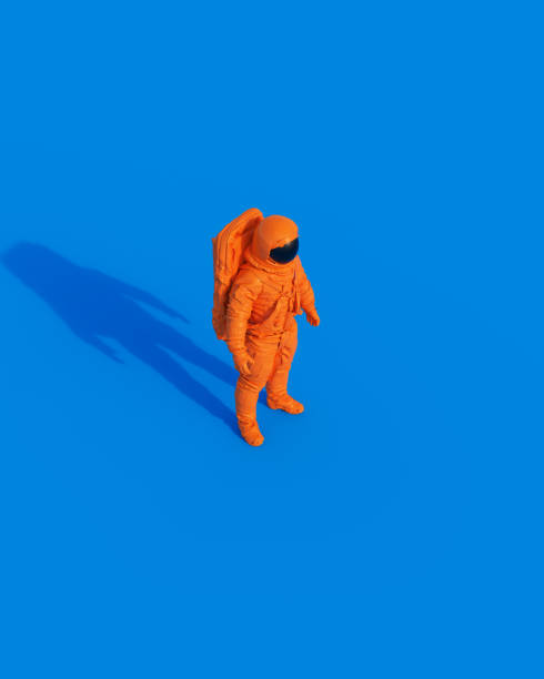 istock Orange spaceman astronaut retro space suit 90s 80s sunlight gen z blue background 1535817232