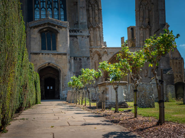 The paved entrance way of Crowland Abbey in Lincolnshire lined with standard rose trees on a beautiful blue sky day.