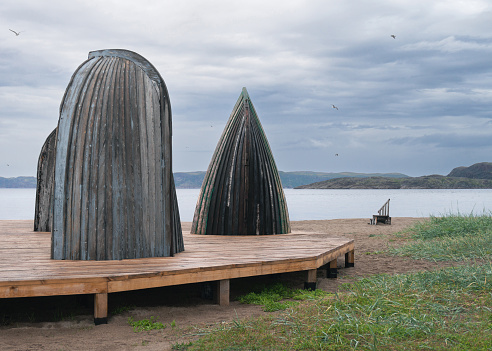 boats on the seashore.  an art object. Teriberka, Russia