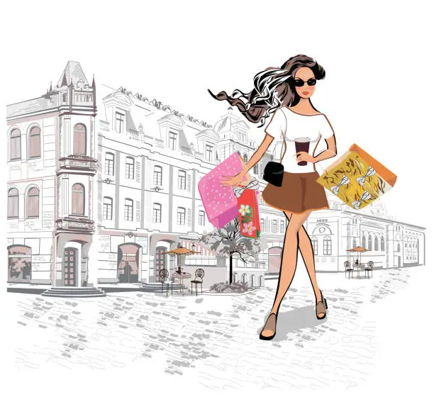 Vector illustration of Beautiful girl shopping in the city.