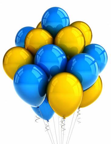 A bunch of yellow and blue party balloons over white background