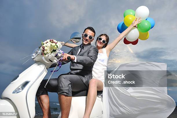 Just Married Couple Ride A White Scooter Stock Photo - Download Image Now - Couple - Relationship, Fun, Wedding