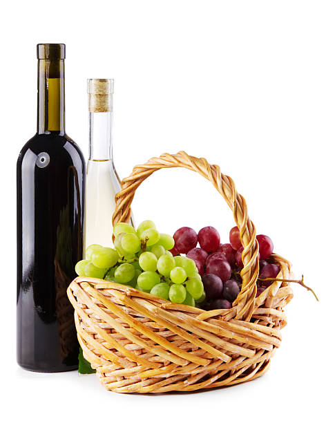 istock Bottles of red and white wine with grapes 153587012