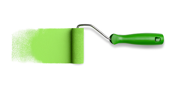 Paint roller leaving green stroke isolated on white background