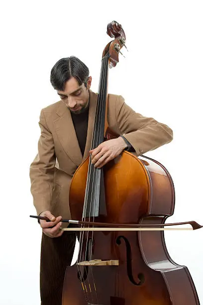 Isolated On White - Musician On Double Bass - Contrabass