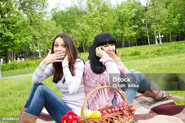 Mother And Daughter Talk On The Phone In Park Stock Photo - Download Image Now - Adult, Apple - Fruit, Basket