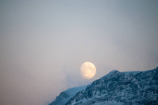 Telephoto shot of a near full moon setting behind a mountain range.