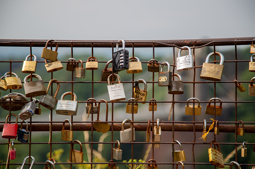 Frankfurt, Germany - August 03, 2021: Eiserner Steg in Frankfurt. A famous sight with many love locks.