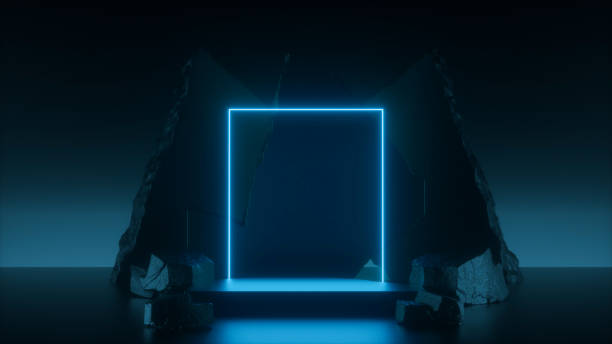 istock A stone podium among a neon arch that illuminates everything around. Beautiful 3D podium for products - 3D Illustration 1535979216